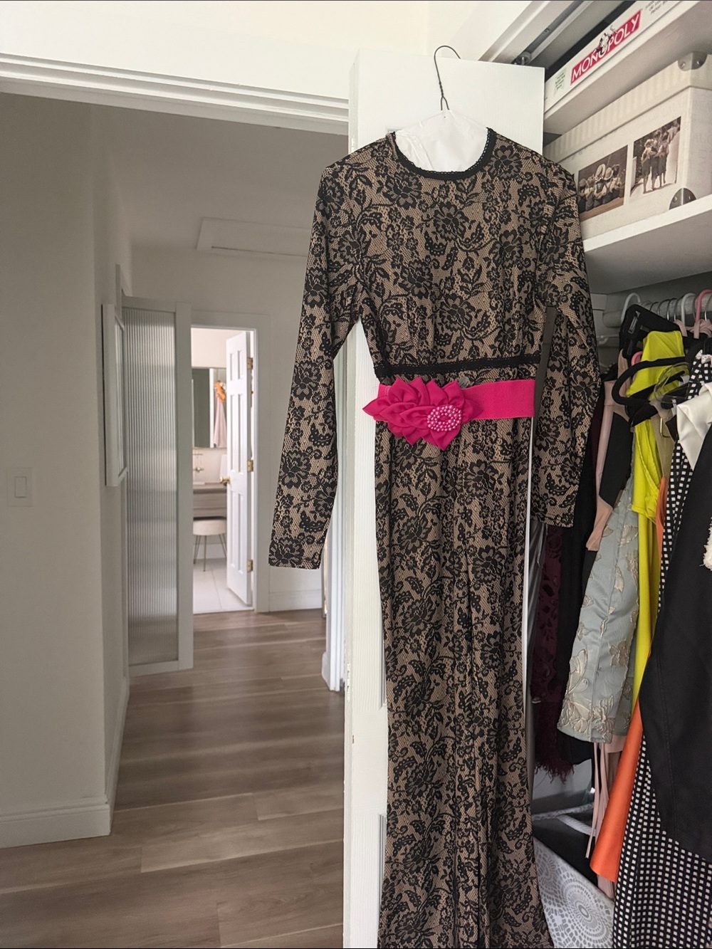 Floral Lace Overlay Long-Sleeve Jumpsuit (belt or bow is not included)